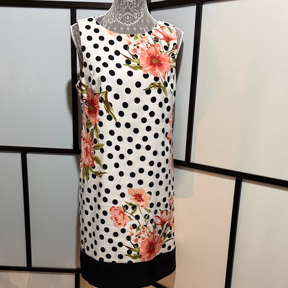 Alyx Black Polka Dot White Shift Dress with Coral Floral Print
